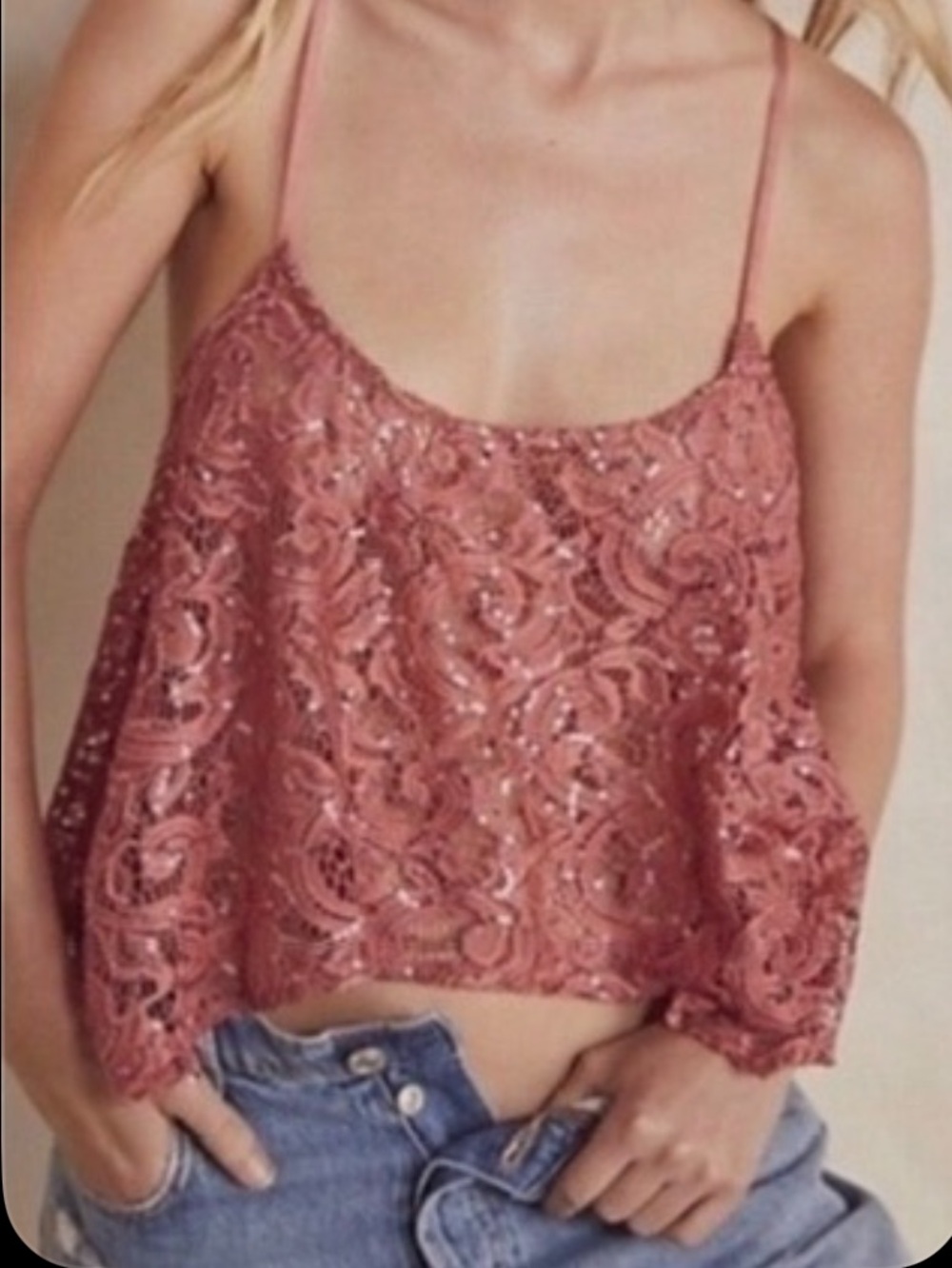 NWOT Free People Intimately Women's Best Idea Sequin Lace Cami Rose Smoke XS